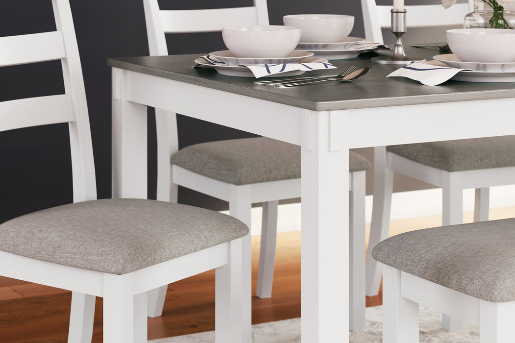 STONEHOLLOW White/Gray Dining Table and Chairs with Bench (Set of 6)
