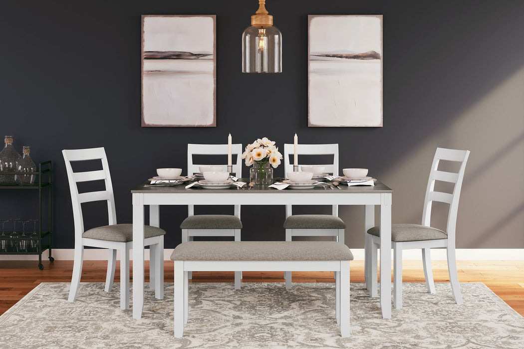 STONEHOLLOW White/Gray Dining Table and Chairs with Bench (Set of 6)