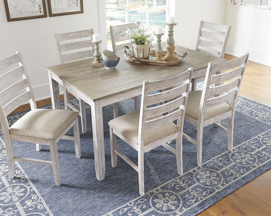 Skempton White/Light Brown Dining Table and Chairs, Set of 7
