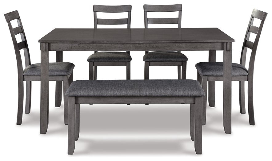 Bridson Gray Dining Table and Chairs with Bench, Set of 6