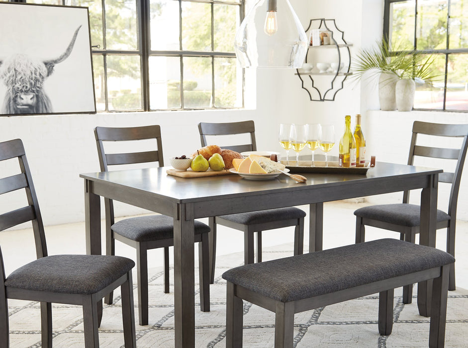 Bridson Gray Dining Table and Chairs with Bench, Set of 6