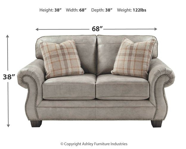 Dimensions of the Olsberg loveseat, including height, width, depth, and weight, displayed in a clear labeled diagram.