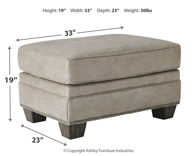 Dimensions of the Olsberg ottoman, including height, width, depth, and weight, displayed in a labeled diagram.