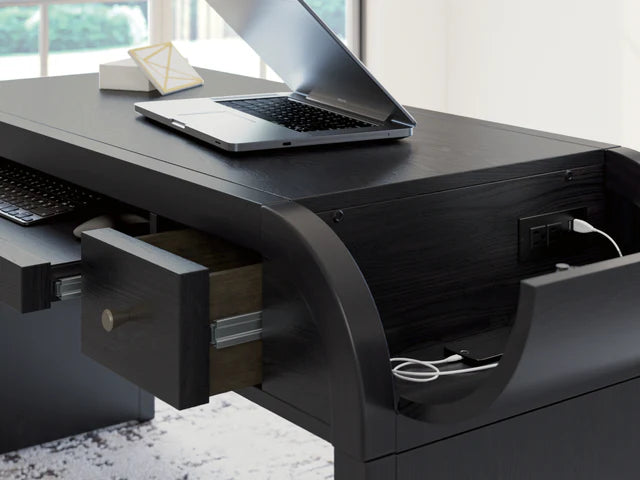 Rowanbeck Home Office Desk with Chair and Storage in Black